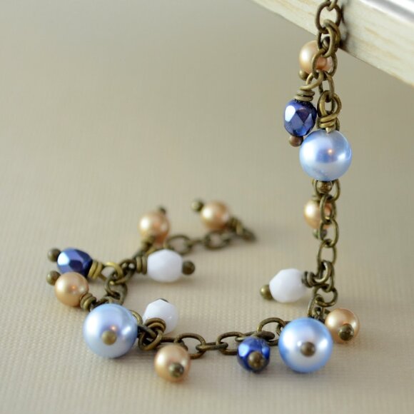 Cluster Bracelet with Light Blue and Bronze Pearls in Antiqued Brass - Picture 3 of 5
